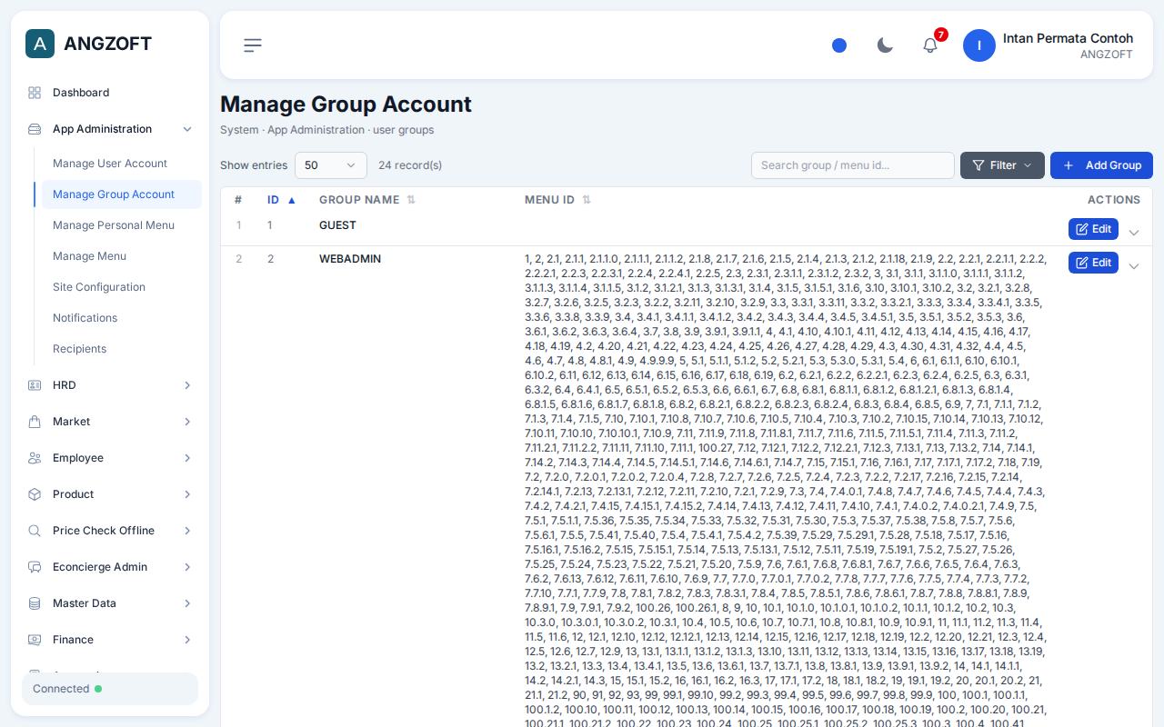 Layar Manage Group Account di aplikasi Angzoft ERP.