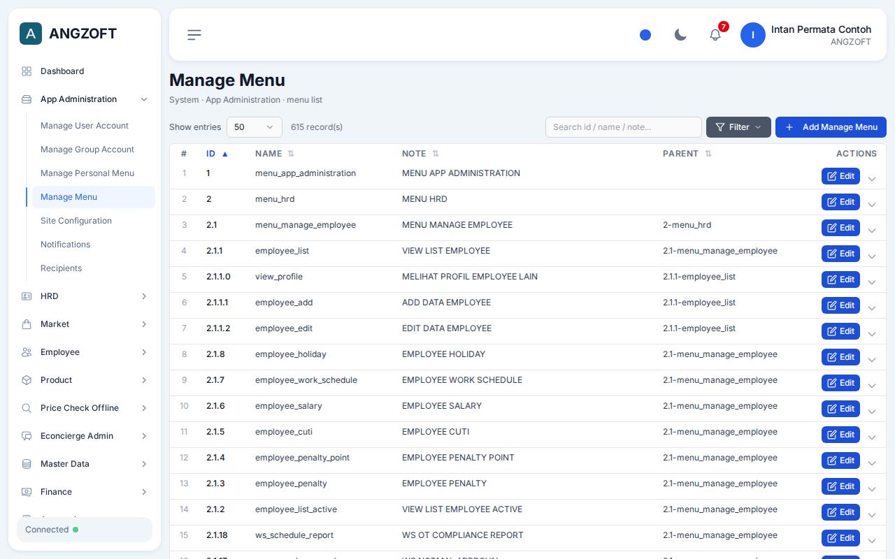 Layar Manage Menu di aplikasi Angzoft ERP.