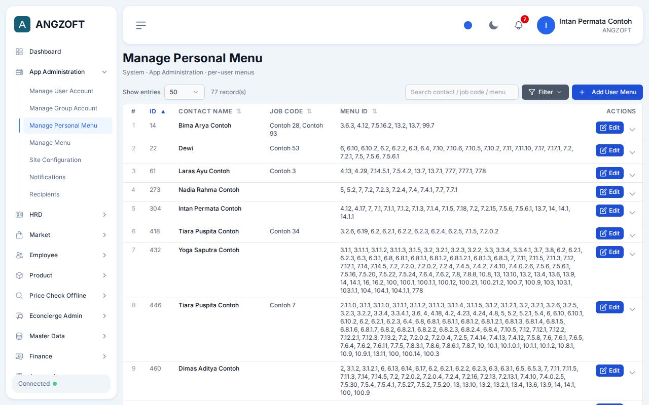 Layar Manage Personal Menu di aplikasi Angzoft ERP.