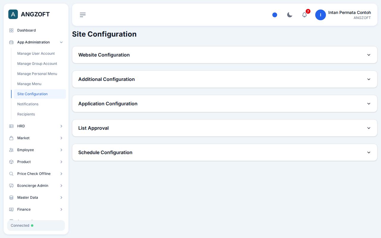 Layar Site Configuration di aplikasi Angzoft ERP.