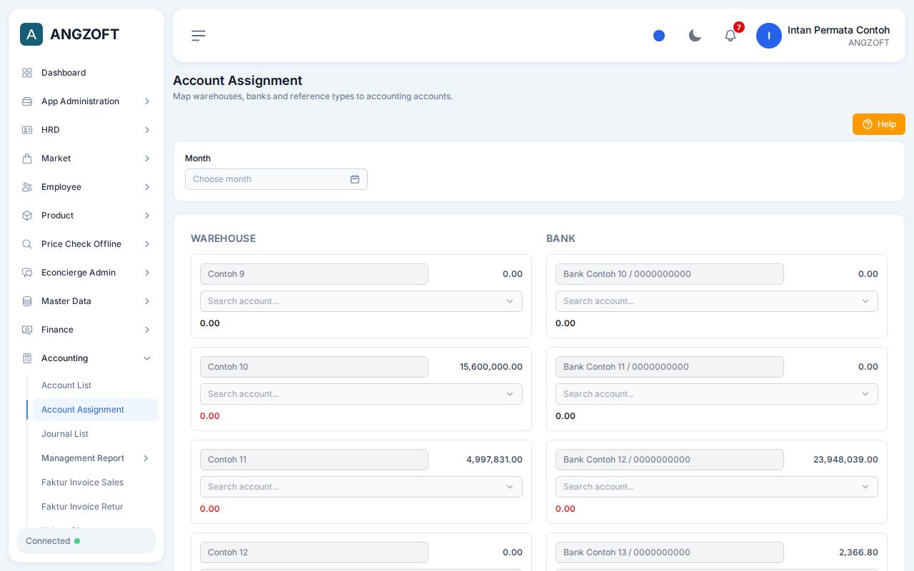 Layar Account Assignment di aplikasi Angzoft ERP.