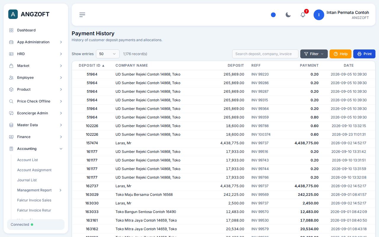 Layar Payment History di aplikasi Angzoft ERP.