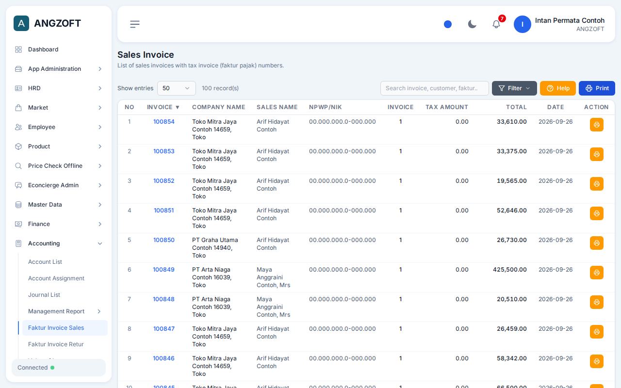 Layar Faktur Invoice Sales di aplikasi Angzoft ERP.