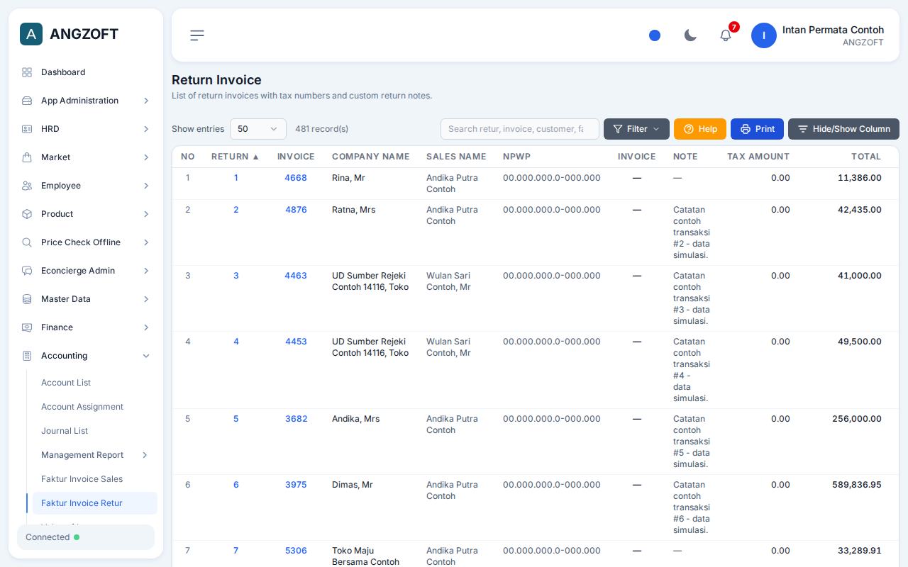 Layar Faktur Invoice Retur di aplikasi Angzoft ERP.