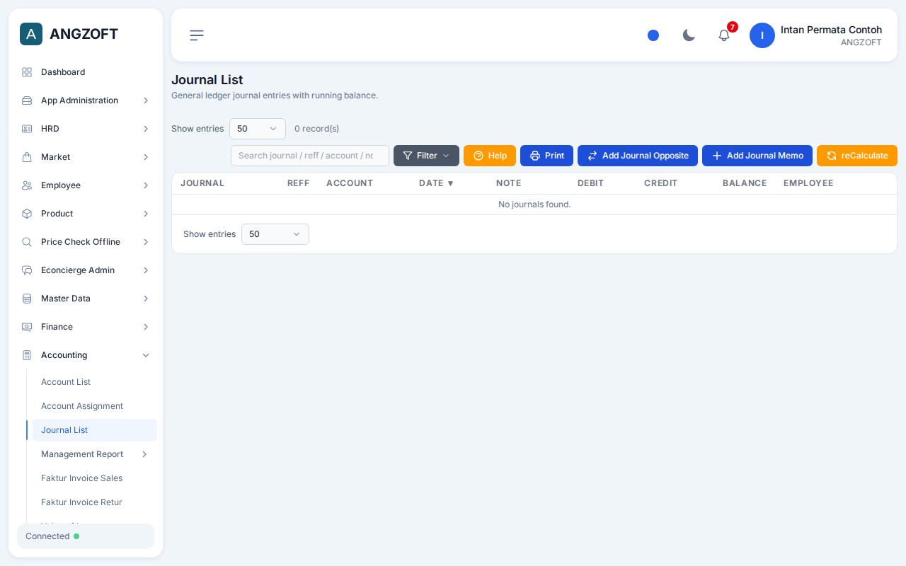 Layar Journal List di aplikasi Angzoft ERP.