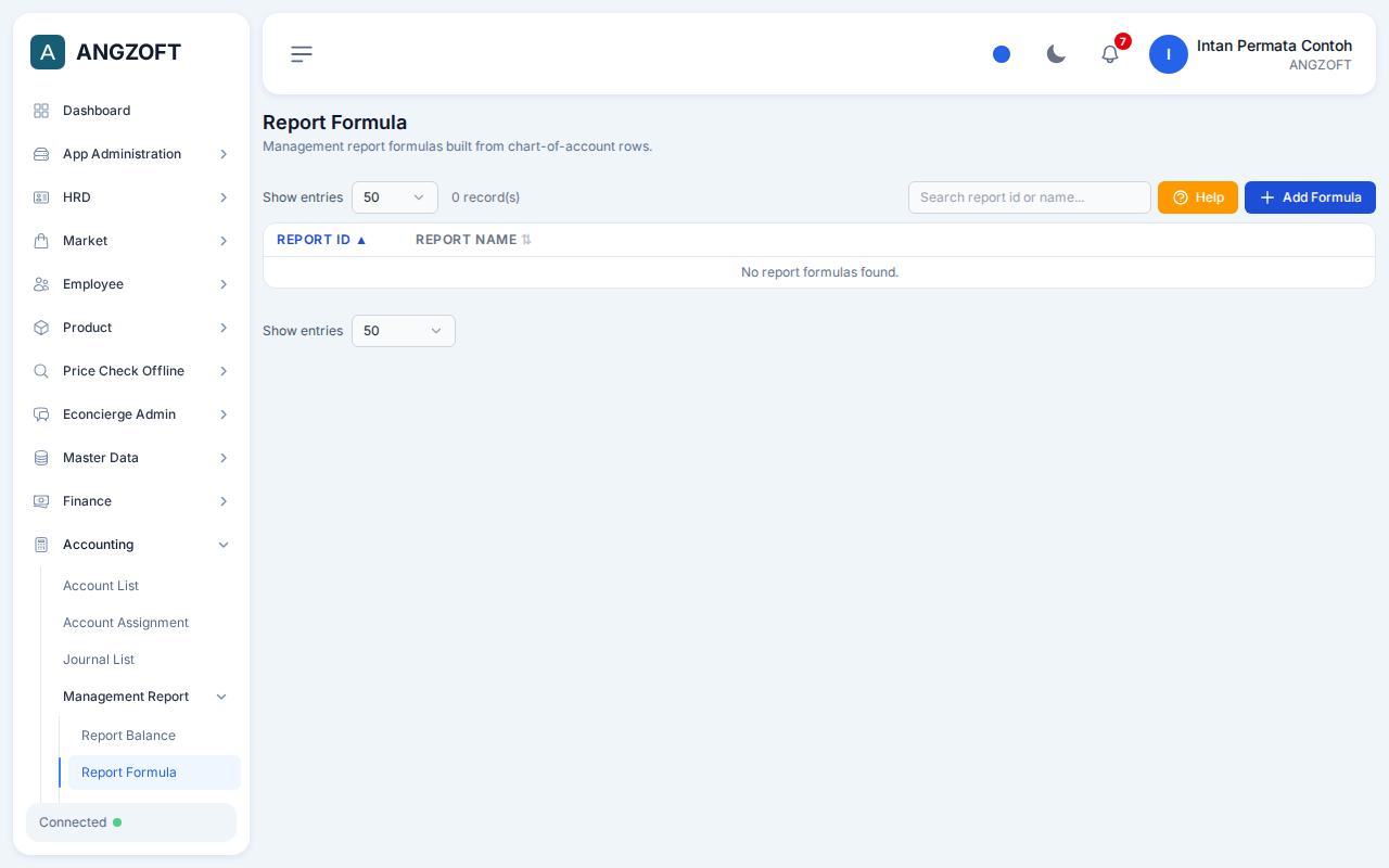 Layar Report Formula di aplikasi Angzoft ERP.