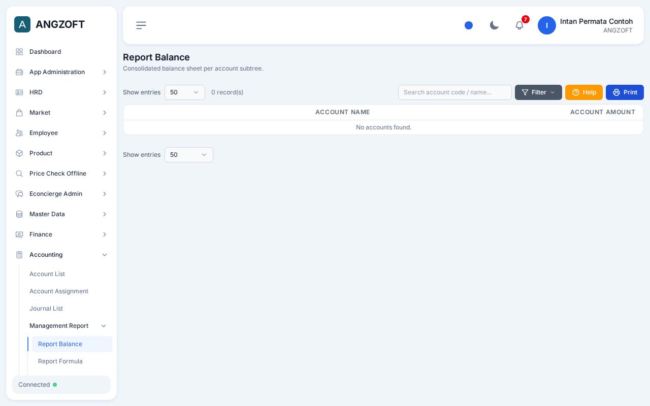 Layar Report Balance di aplikasi Angzoft ERP.
