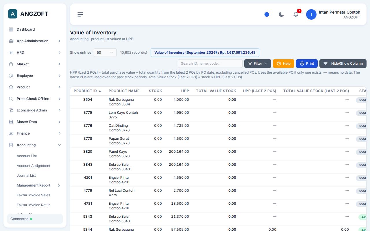 Layar Product List di aplikasi Angzoft ERP.