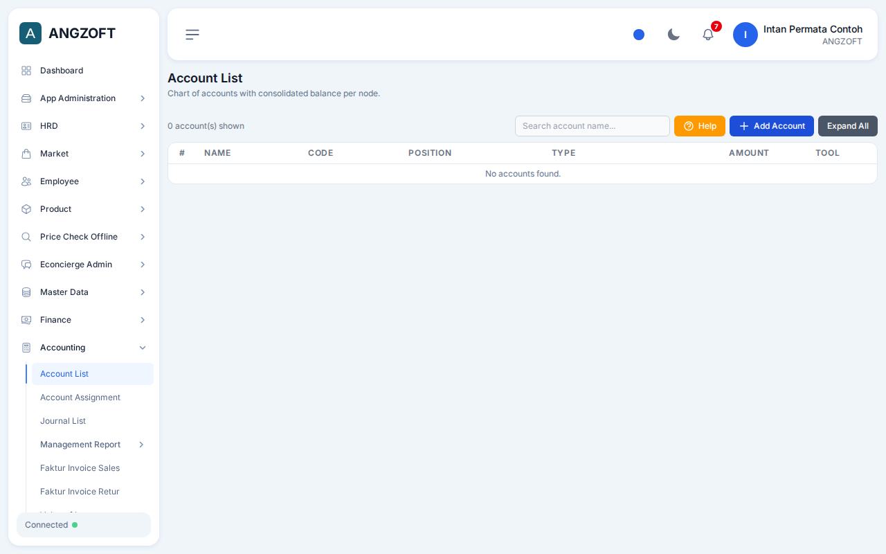 Layar Account List di aplikasi Angzoft ERP.
