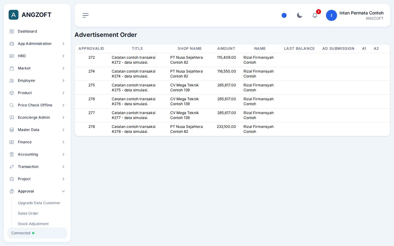 Layar Advertisement Order di aplikasi Angzoft ERP.