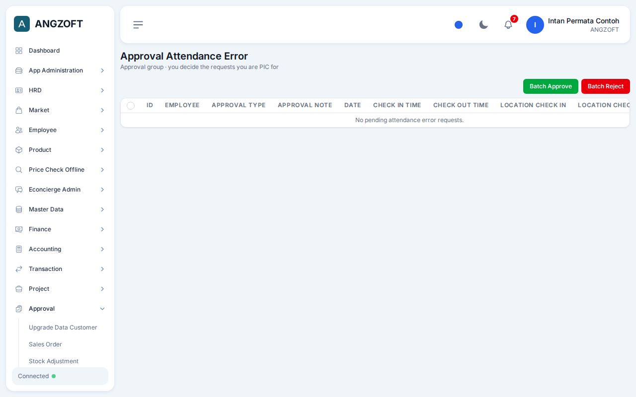 Layar Approval Attendance Error di aplikasi Angzoft ERP.