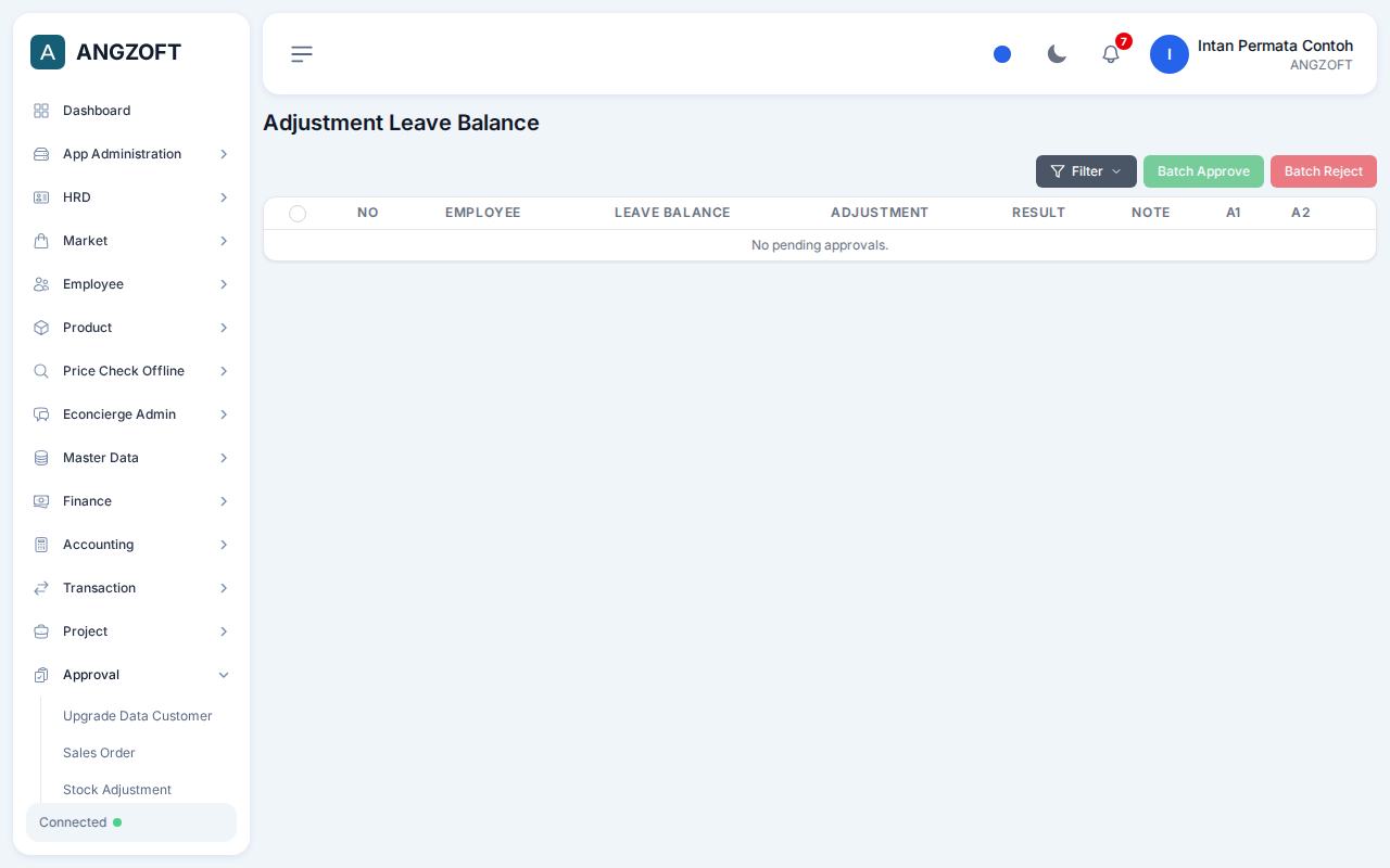 Layar Adjustment Leave Balance di aplikasi Angzoft ERP.