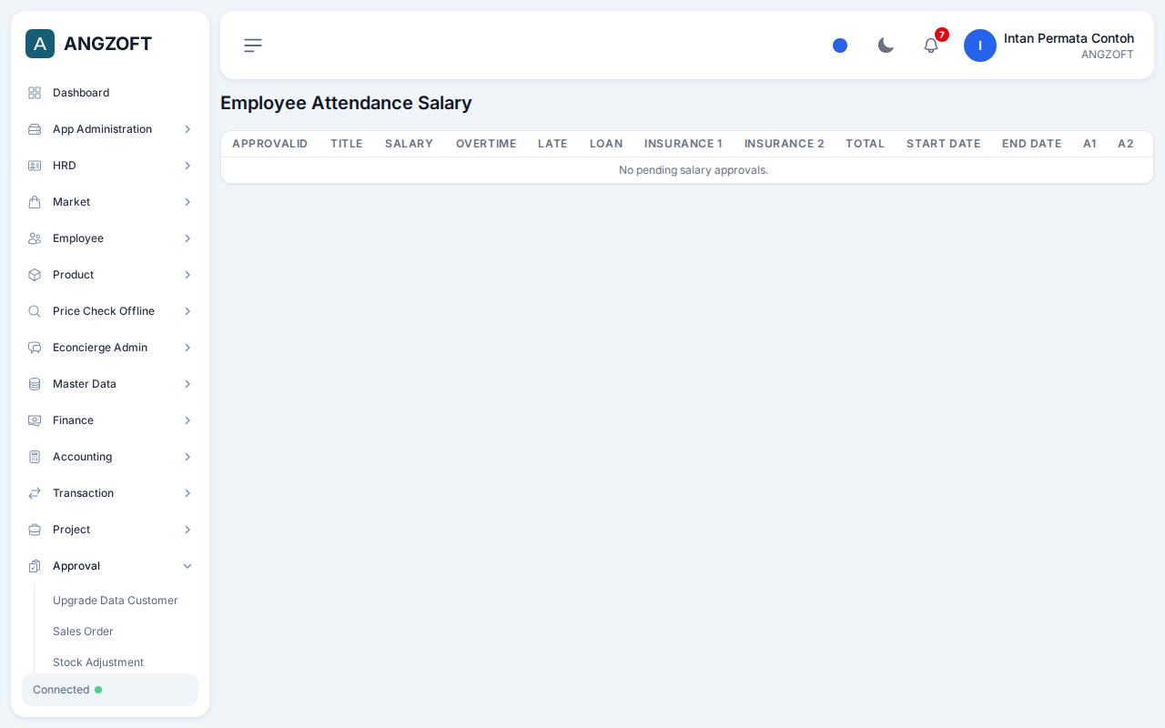 Layar Employee Attendance Salary di aplikasi Angzoft ERP.