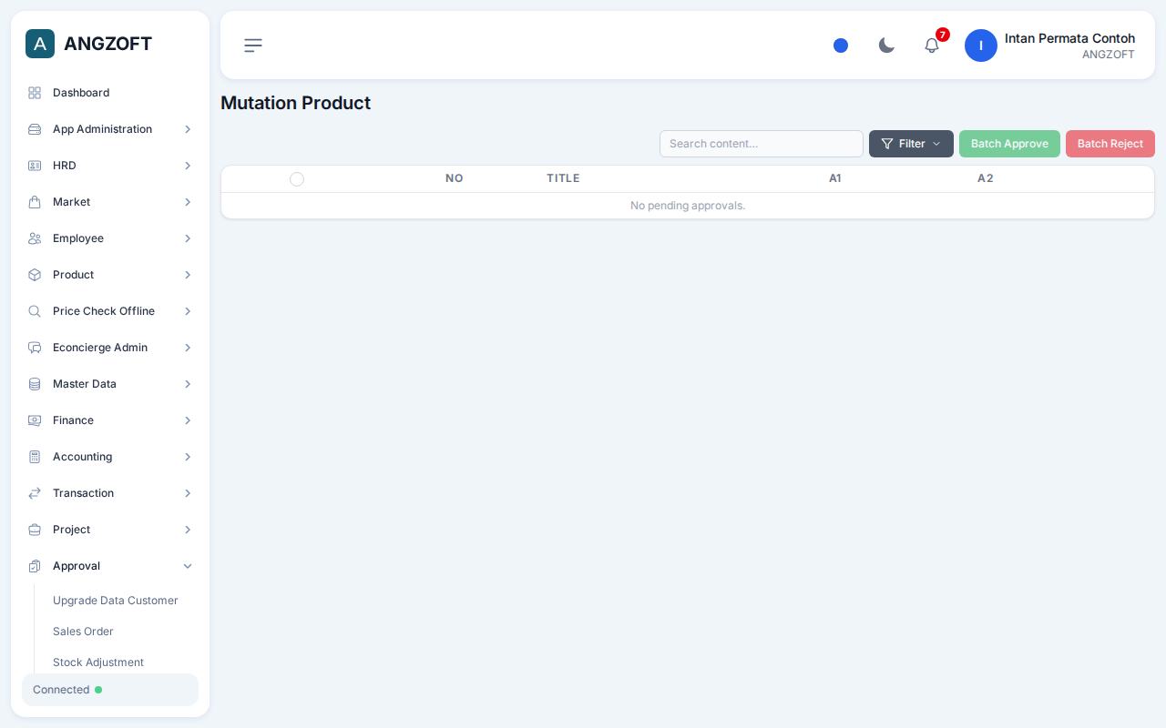 Layar Mutation Product di aplikasi Angzoft ERP.