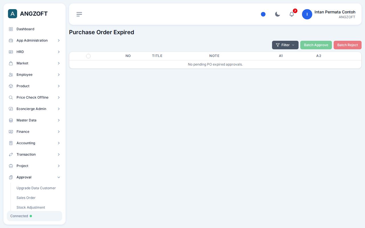 Layar Purchase Order Expired di aplikasi Angzoft ERP.