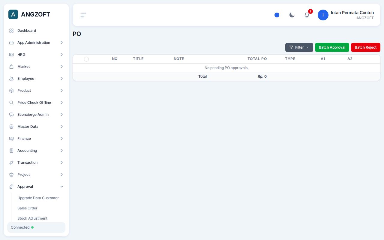 Layar Purchase Order di aplikasi Angzoft ERP.
