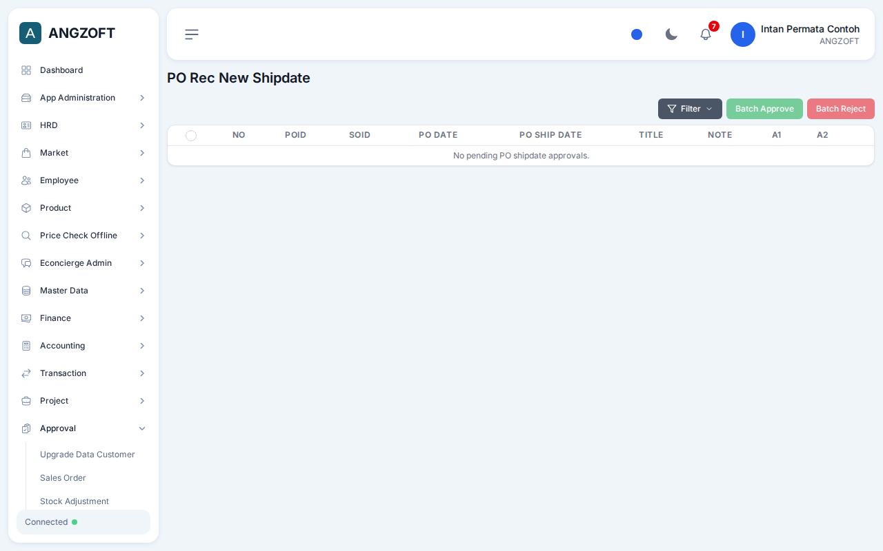 Layar PO Rec New Shipdate di aplikasi Angzoft ERP.