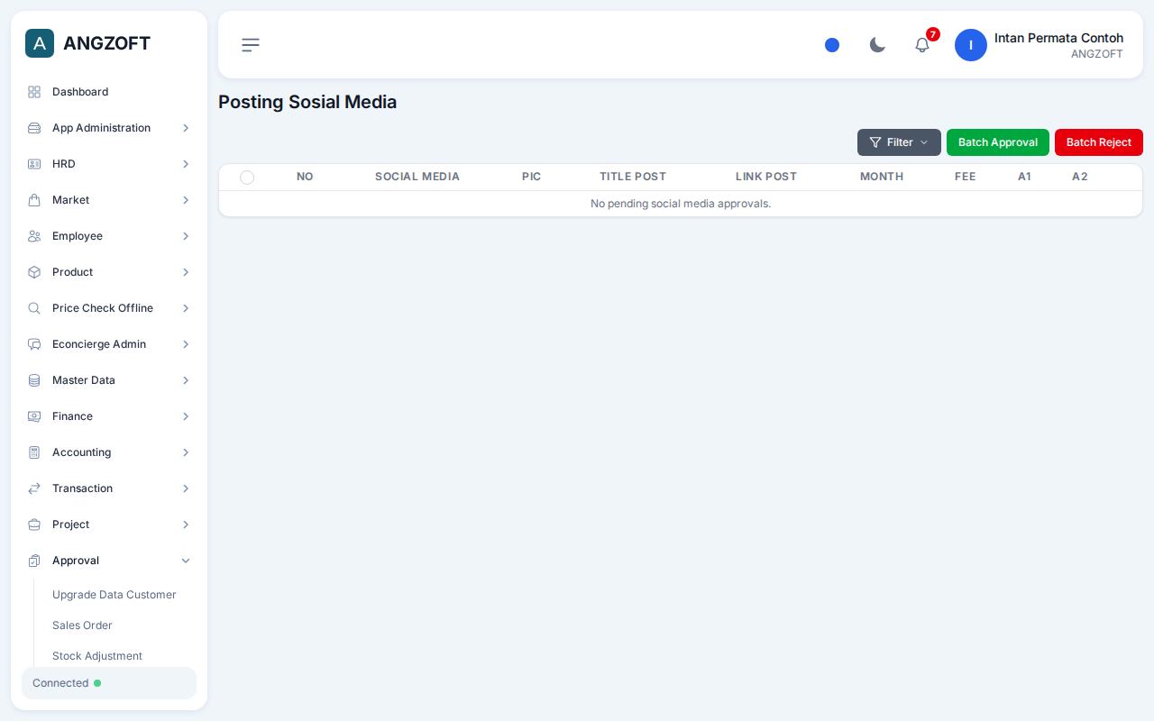 Layar Posting Sosial Media di aplikasi Angzoft ERP.