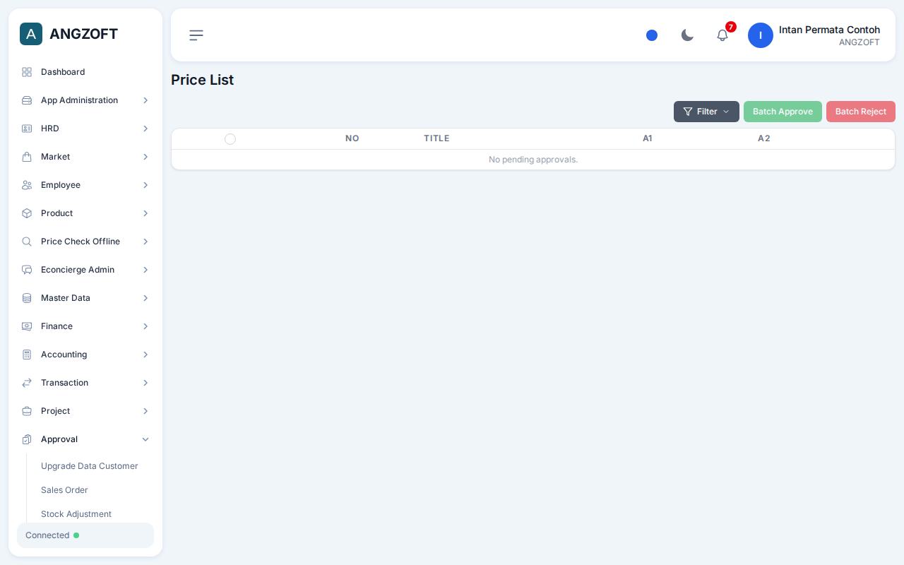 Layar Price List di aplikasi Angzoft ERP.