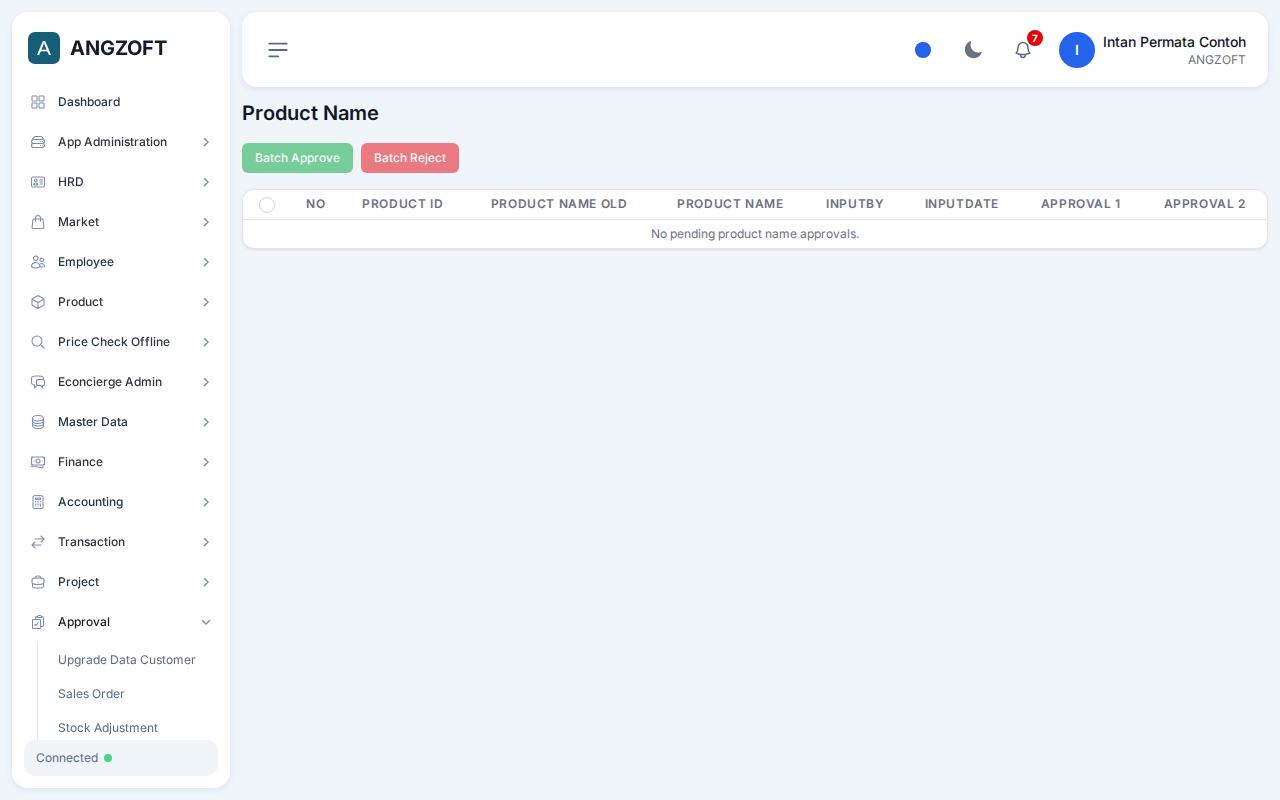 Layar Product Name di aplikasi Angzoft ERP.