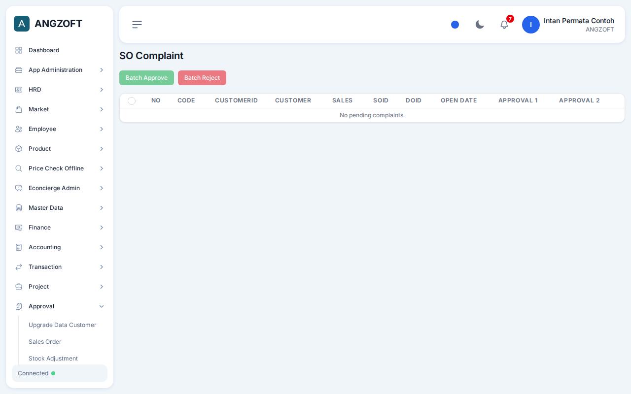 Layar SO Complaint di aplikasi Angzoft ERP.