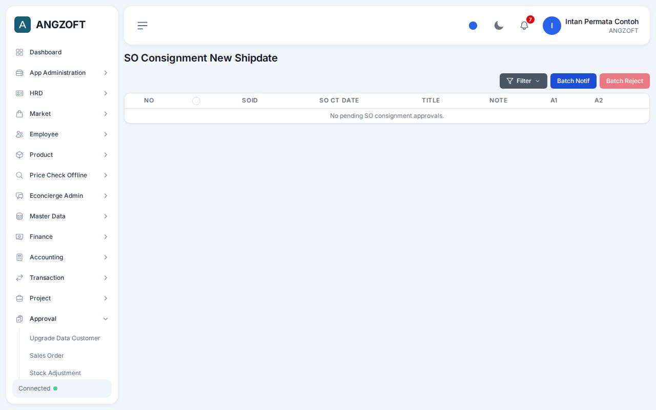 Layar SO Consignment New Shipdate di aplikasi Angzoft ERP.