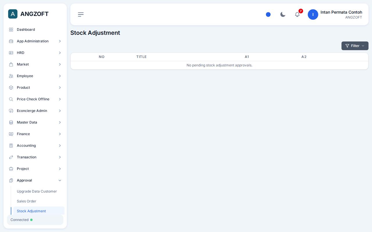 Layar Stock Adjustment di aplikasi Angzoft ERP.