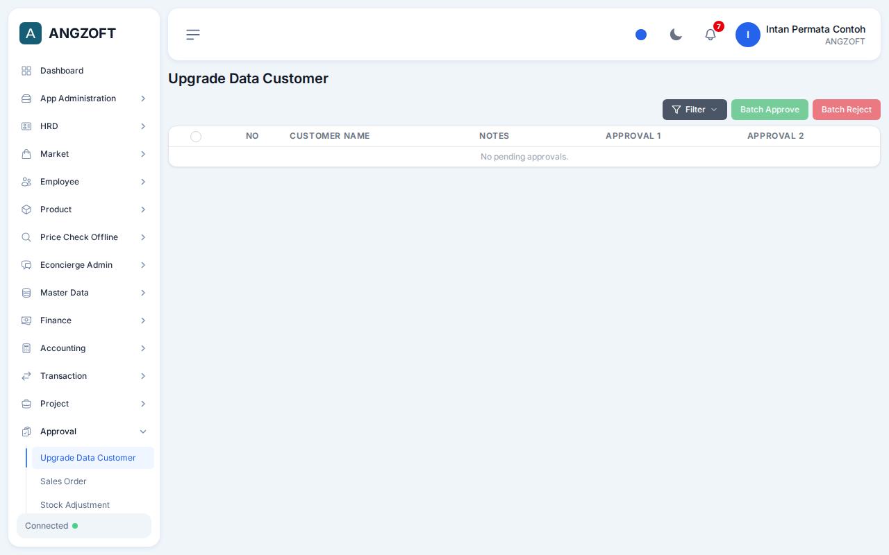 Layar Upgrade Data Customer di aplikasi Angzoft ERP.