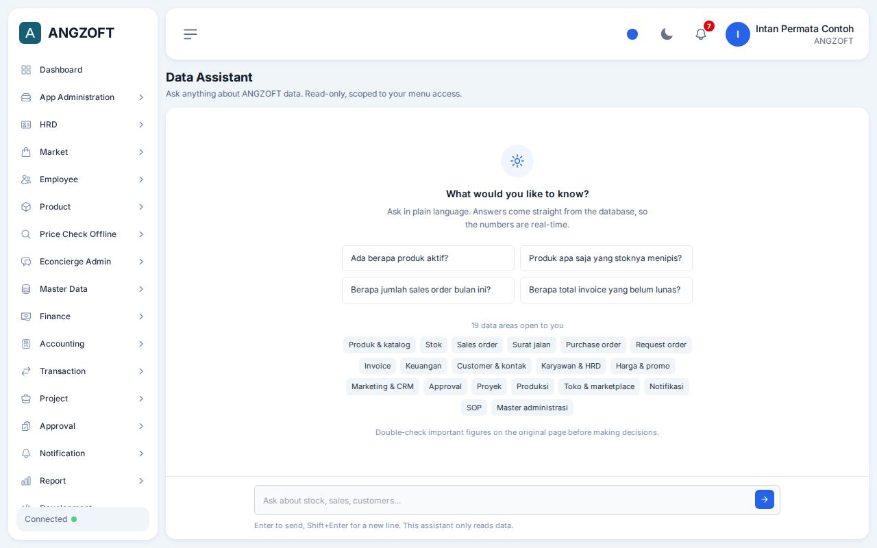 Layar Data Assistant di aplikasi Angzoft ERP.