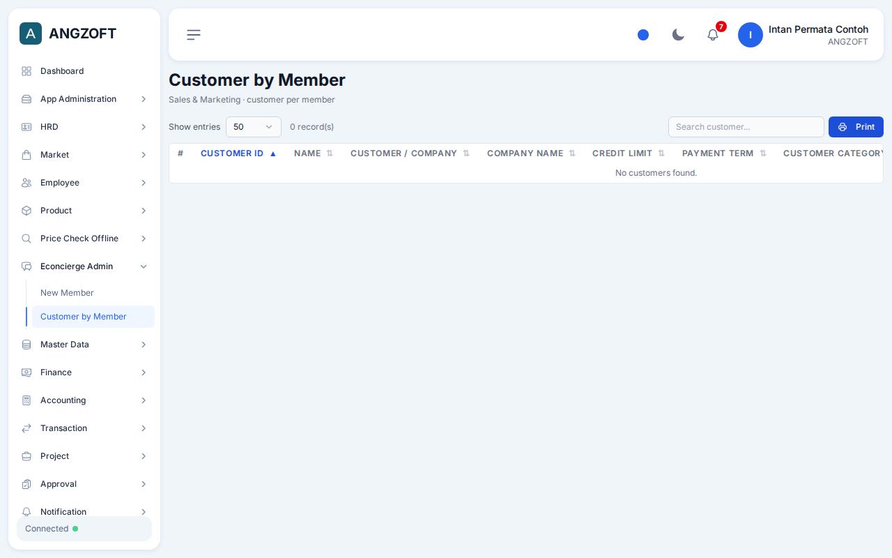 Layar Customer by Member di aplikasi Angzoft ERP.