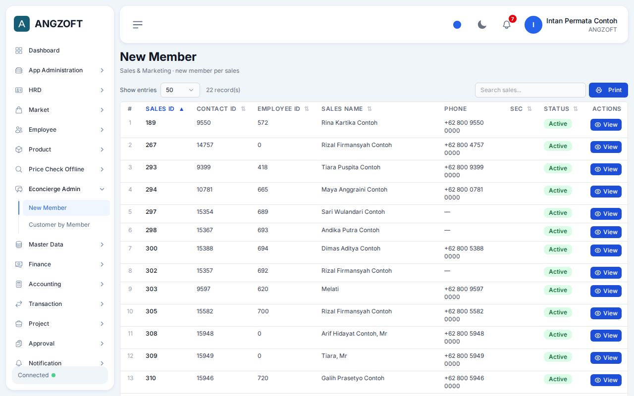 Layar New Member di aplikasi Angzoft ERP.