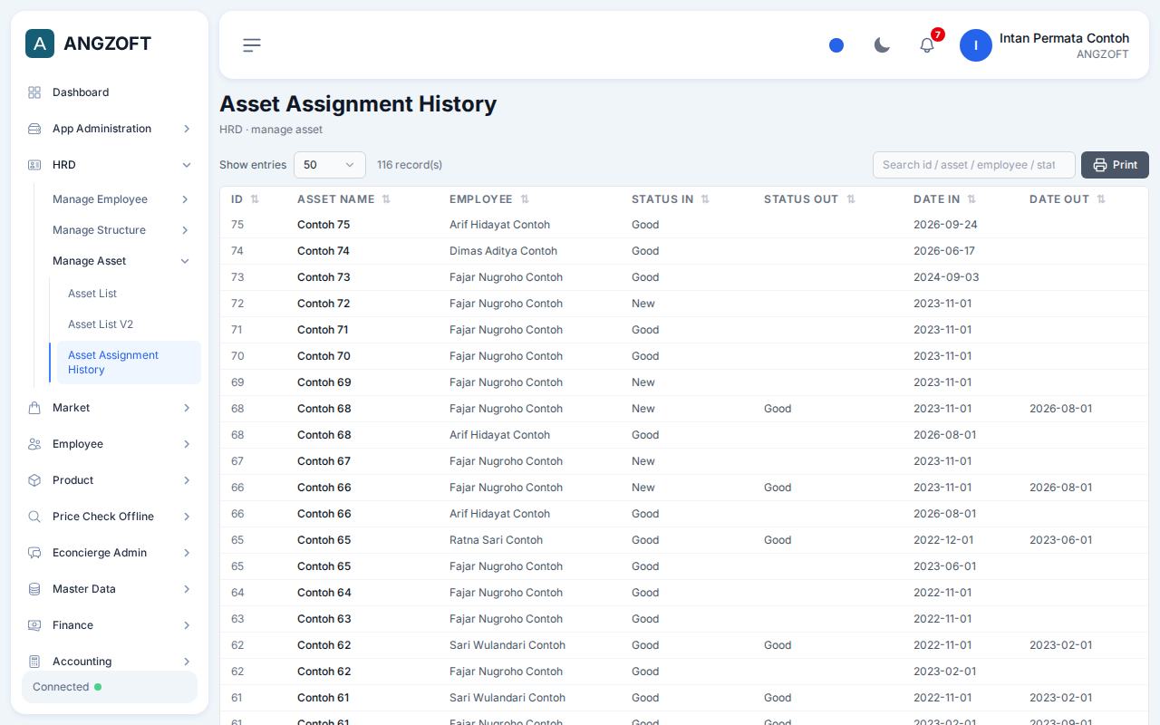 Layar Asset Assignment History di aplikasi Angzoft ERP.