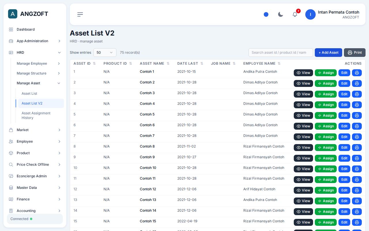 Layar Asset List V2 di aplikasi Angzoft ERP.