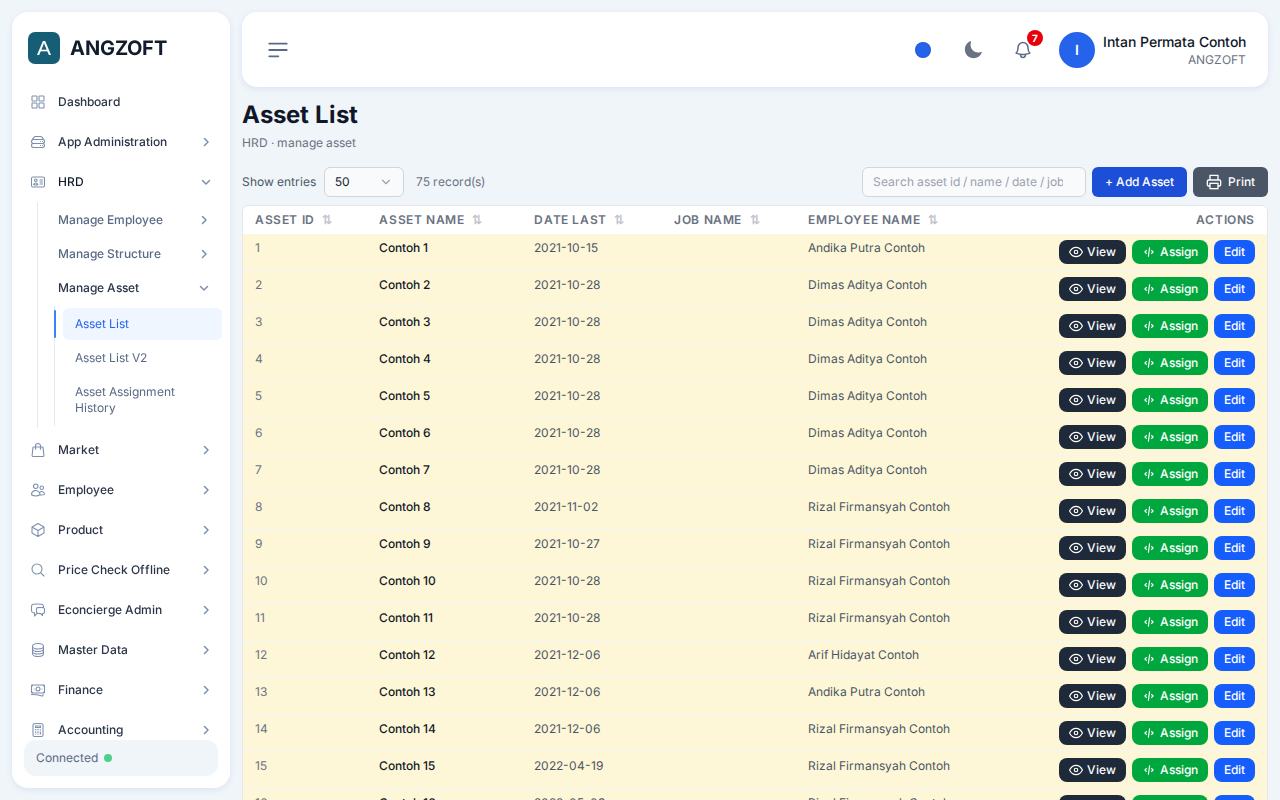 Layar Asset List di aplikasi Angzoft ERP.