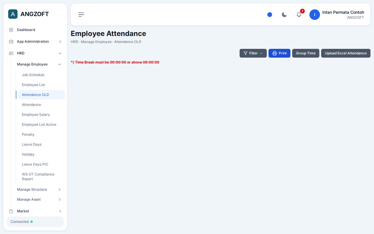 Layar Attendance OLD di aplikasi Angzoft ERP.