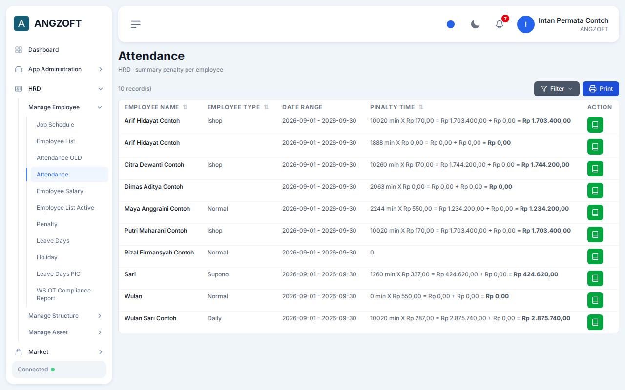 Layar Attendance di aplikasi Angzoft ERP.