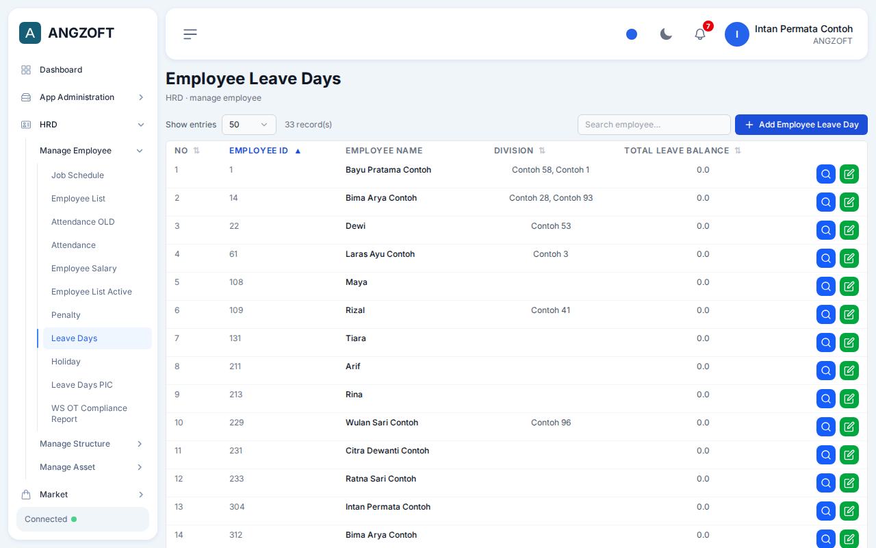 Layar Leave Days di aplikasi Angzoft ERP.