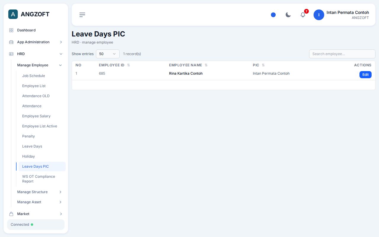 Layar Leave Days PIC di aplikasi Angzoft ERP.