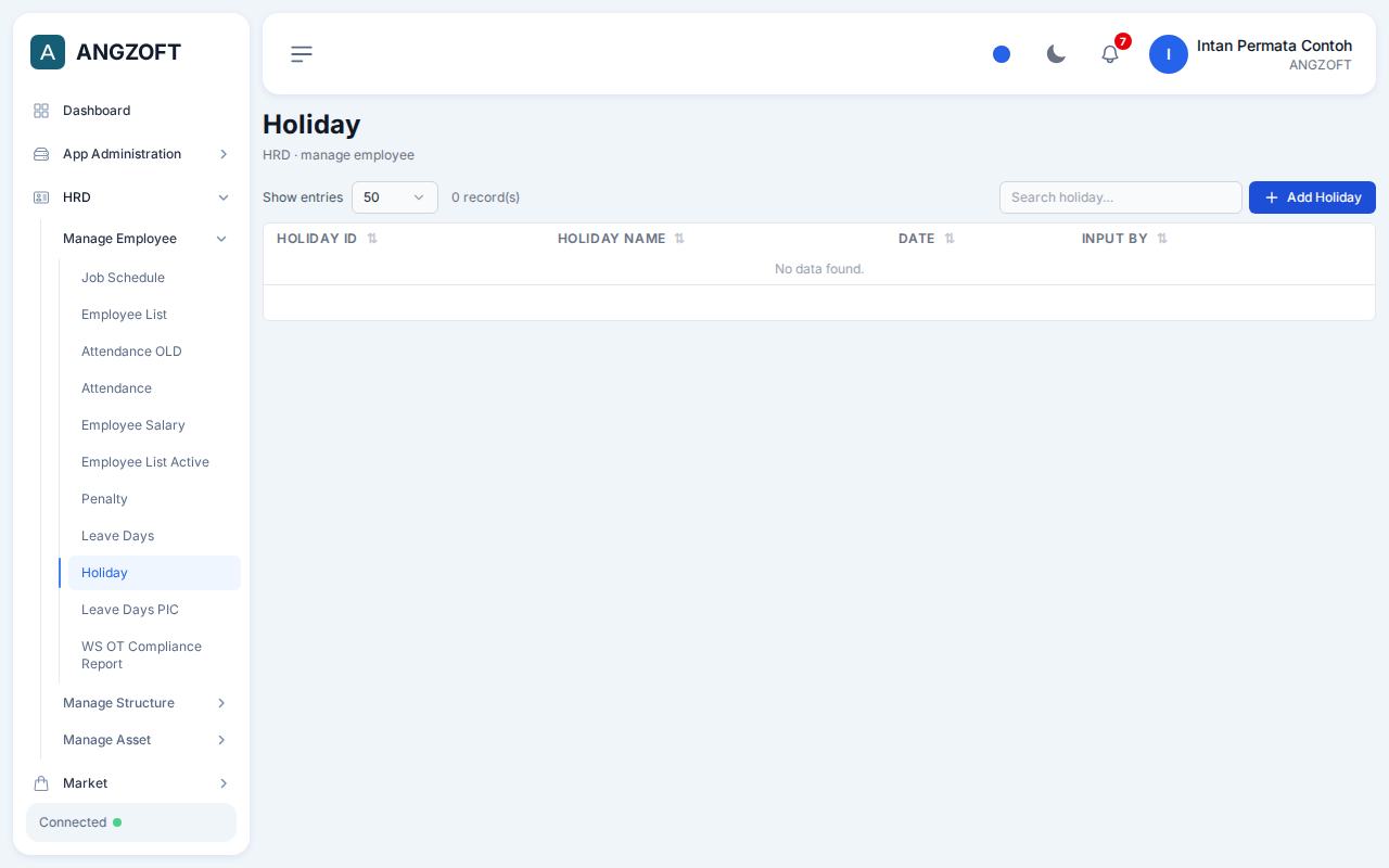 Layar Holiday di aplikasi Angzoft ERP.