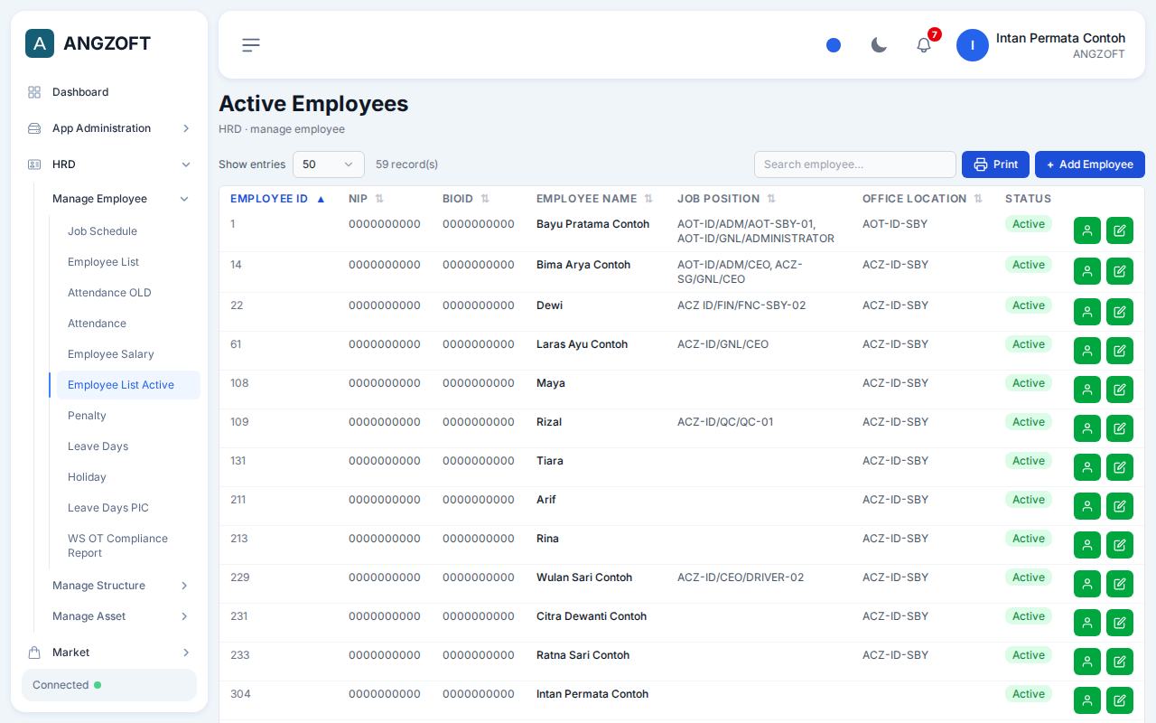Layar Employee List Active di aplikasi Angzoft ERP.