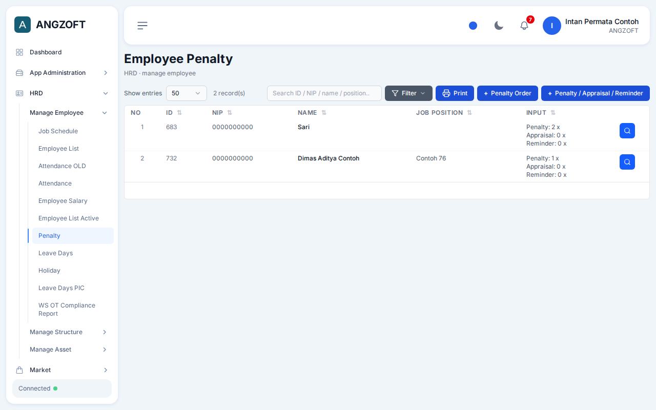 Layar Penalty di aplikasi Angzoft ERP.