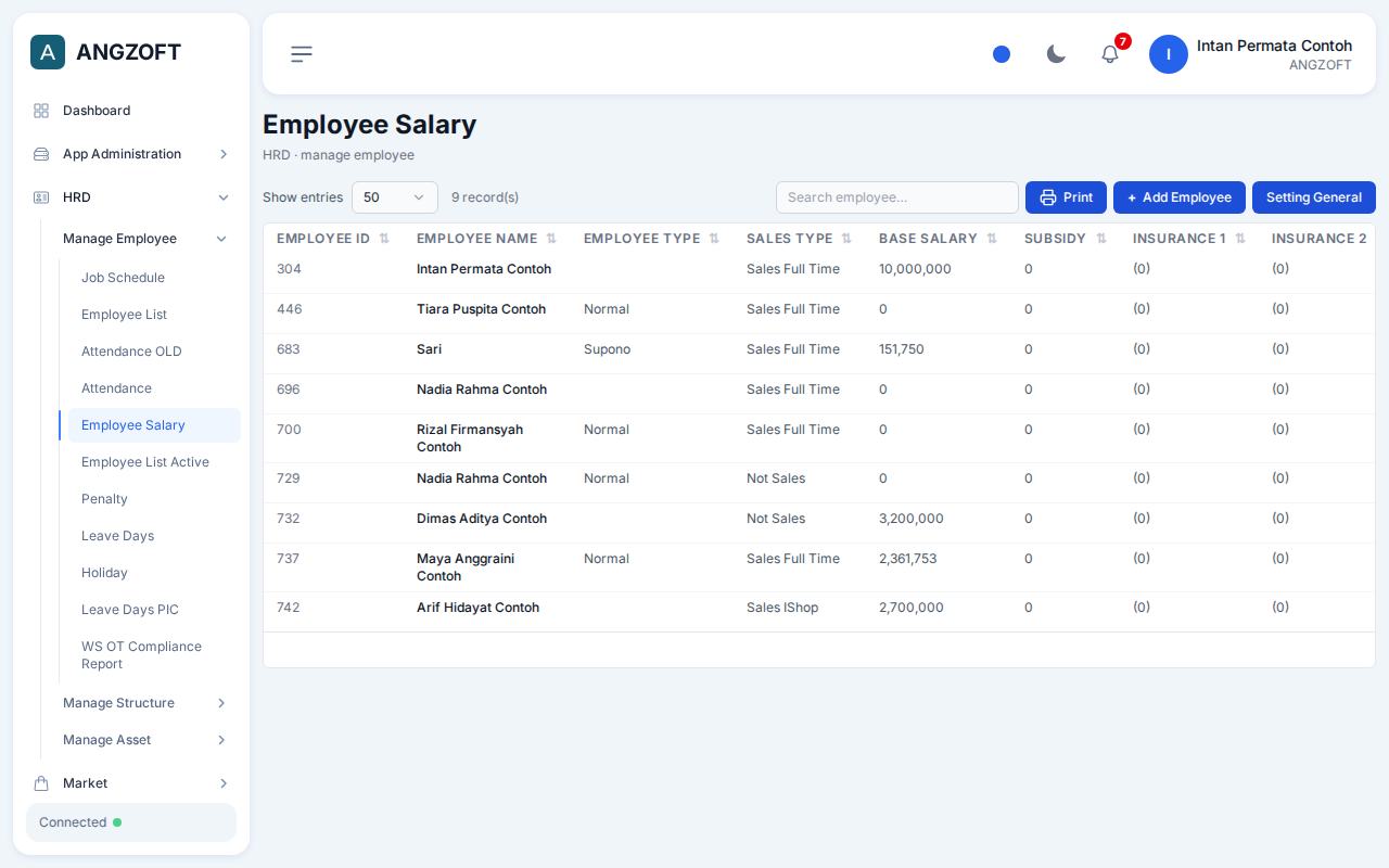Layar Employee Salary di aplikasi Angzoft ERP.