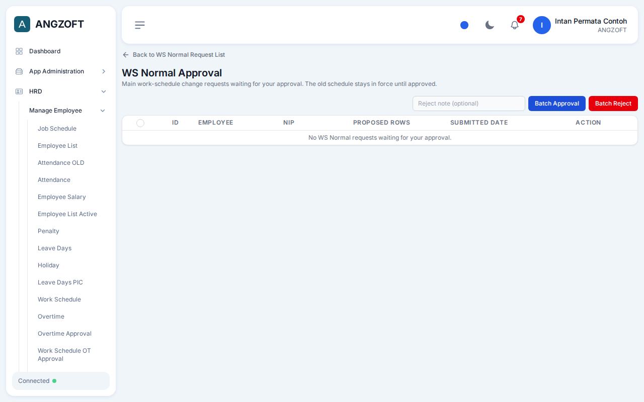 Layar WS Normal Approval di aplikasi Angzoft ERP.