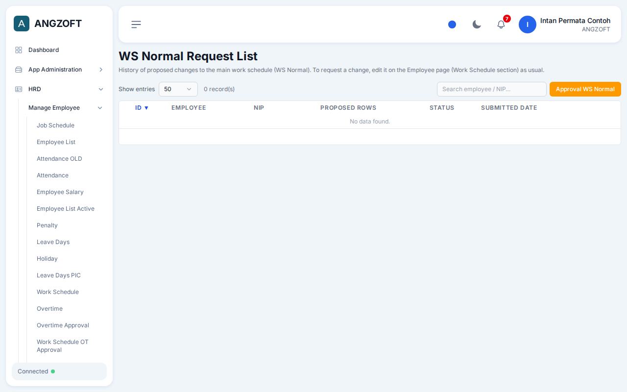 Layar WS Normal Request di aplikasi Angzoft ERP.