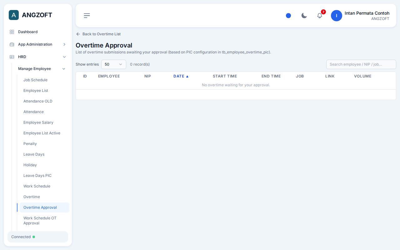 Layar Overtime Approval di aplikasi Angzoft ERP.