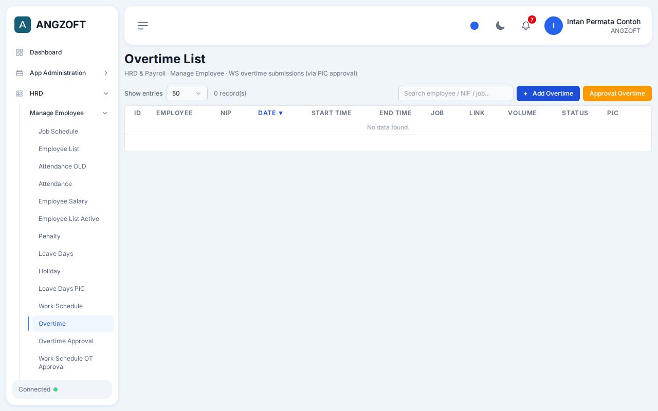 Layar Overtime di aplikasi Angzoft ERP.
