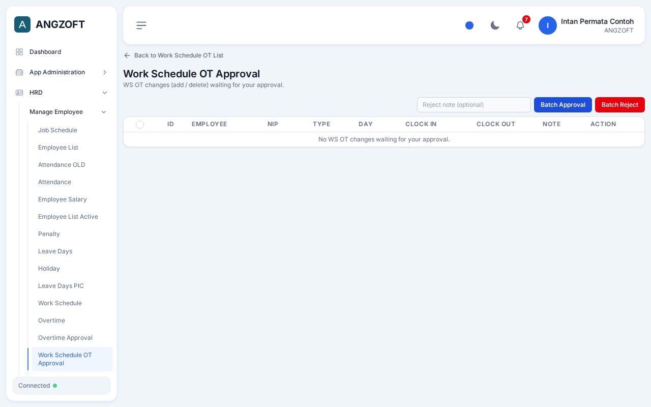 Layar Work Schedule OT Approval di aplikasi Angzoft ERP.