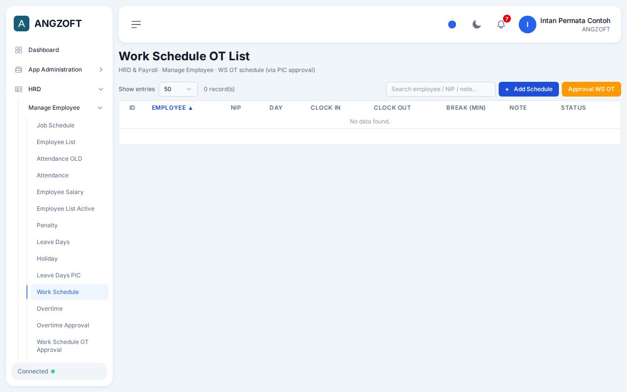 Layar Work Schedule di aplikasi Angzoft ERP.