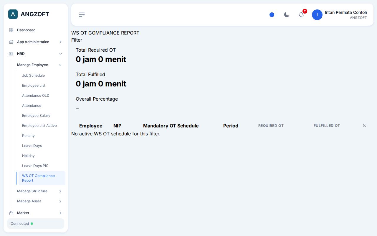 Layar WS OT Compliance Report di aplikasi Angzoft ERP.