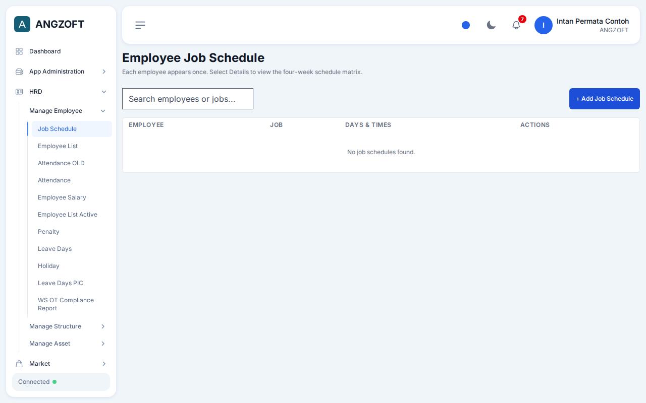 Layar Job Schedule di aplikasi Angzoft ERP.
